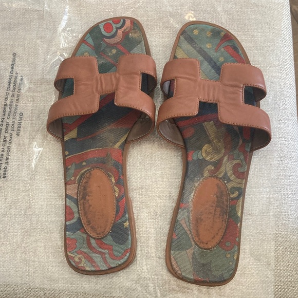 Hermes Shoes - Leather Slide Sandals in Brown - Women Shoes